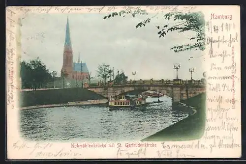 AK Hamburg-Uhlenhorst, Kuhmühlenbrücke mit St. Gertrudenkirche