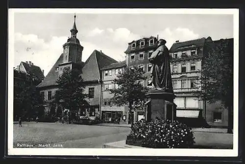 AK Jena, Markt mit Geschäften, Rathaus und Denkmal