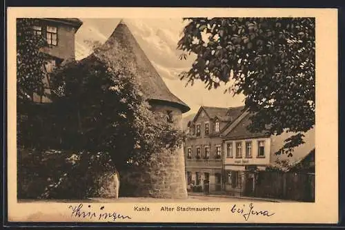 AK Kahla i. Thüringen, Strassenpartie am Alten Stadtmauerturm