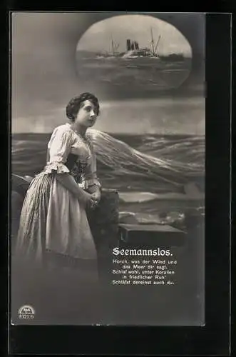 AK Seemannslos, trauernde Frau am Ufer, Kriegsschiff geht unter