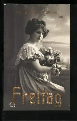Foto-AK R & K / L Nr. 4980 /4: Junge Dame mit Blumen wartet auf den Freitag