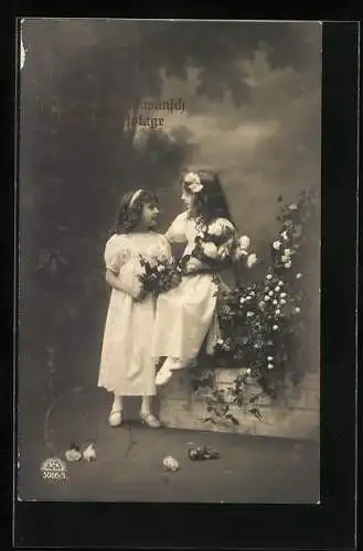 Foto-AK R & K / L Nr. 5066 /5: Mädchen in weissen Kleidern mit Blumen