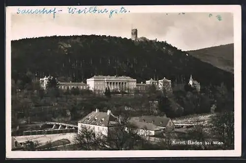 AK Baden bei Wien, Teilansicht mit Brücke und Burg aus der Vogelschau