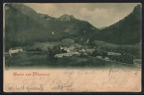 AK Mürzsteg, Gesamtansicht mit Bergpanorama aus der Vogelschau