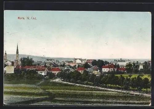 AK Horn /N. Ö., Ortsansicht mit Landstrasse und Kirchtürmen