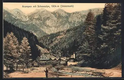 AK Krampen, Ortsansicht mit Kirche und der Schneealpe