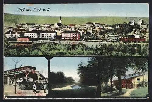 AK Bruck a. L., Kaserne mit Soldaten, Gebäudeansicht, Uferpartie