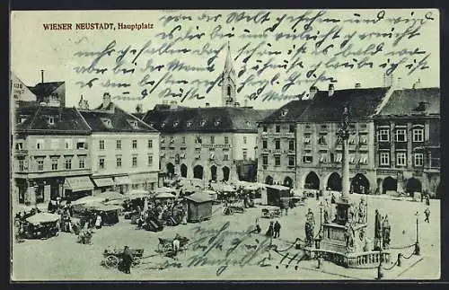 AK Wiener Neustadt, Hauptplatz mit Geschäften und Denkmal