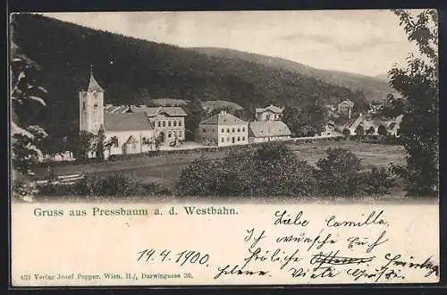 AK Pressbaum a. d. Westbahn, Ortspartie mit Kirche