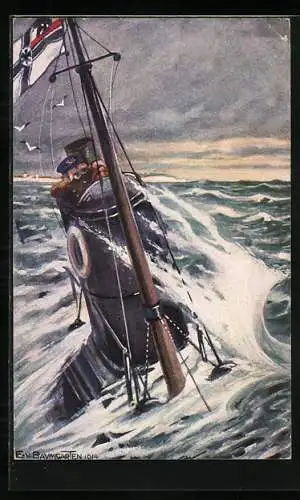 Künstler-AK Kolonialkriegerdank, Deutsches U-Boot auf Patrouille an der engl. Küste
