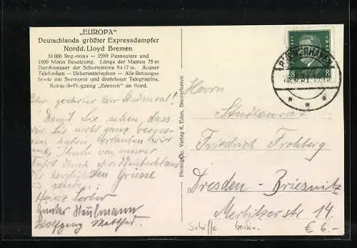 AK Expressdampfer Europa in Fahrt