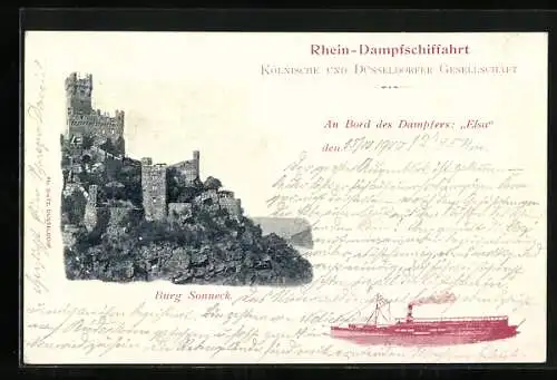 AK Dampfer Elsa auf dem Rhein, Burg Sonneck