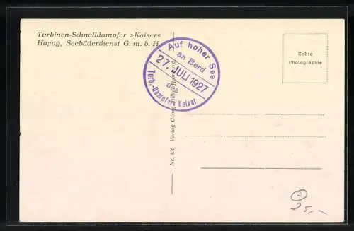 AK Turbinen-Schnelldampfer Kaiser, Passagierschiff des Hapag-Bäderdienstes, mit Bordstempel