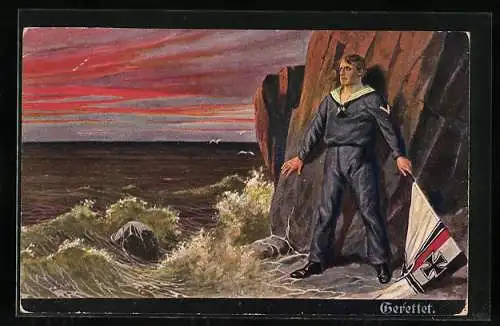AK Matrose mit Reichskriegsflagge rettet sich am Felsen