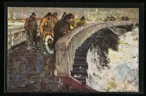 Künstler-AK Rettungsmannschaft blickt von einer Mole auf das sturmgepeitschte Meer