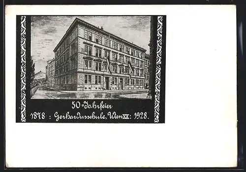 AK Wien, 50-Jahrfeier der Gerhardusschule 1928, Partie am Schulgebäude