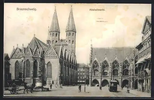 AK Braunschweig, Altstadtmarkt mit Kirche, Strassenbahn