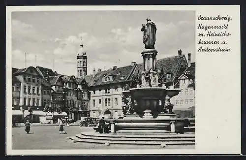 AK Braunschweig, Hagenmarkt mit Heinrichsbrunnen und Andreasturm