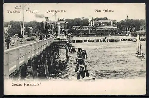 AK Heringsdorf / Seebad, Panorama mit Seebrücke, Strandburg, Villa Helft, Neues und Altes Kurhaus
