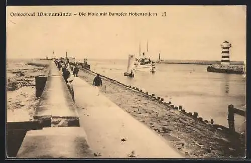 AK Warnemünde, Mole mit Dampfer Hohenzollern