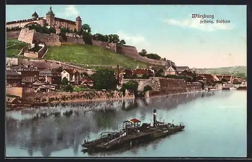 AK Würzburg, Blick auf Festung von Süden mit Kahn