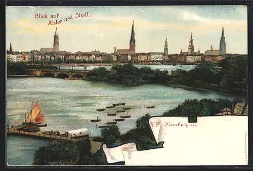 Künstler-AK Hamburg, Blick auf Alster und Stadt