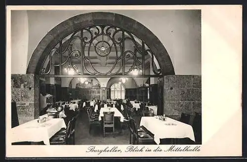 AK Leipzig, Gasthaus Burgkeller, Am Naschmarkt, Blick in die Mittelhalle