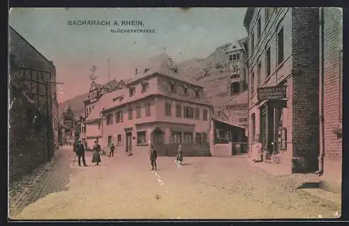 AK Bacharach a. Rhein, Blücherstrasse mit Buchhandlung von August Frech