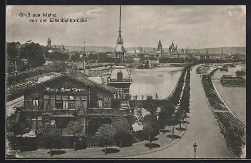 AK Mainz, Haus des Ruder-Vereins an der Eisenbahnbrücke