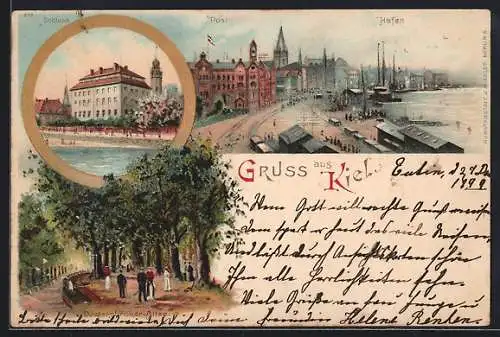 Lithographie Kiel, Schloss, Hafen, Post und Düsterbrocker Allee