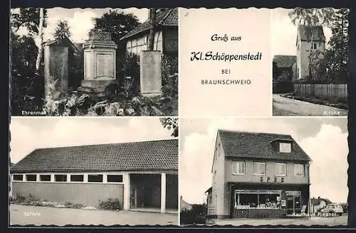 AK Klein Schöppenstedt, Ehrenmal, Schule, Kaufhaus Riesner, Kirche