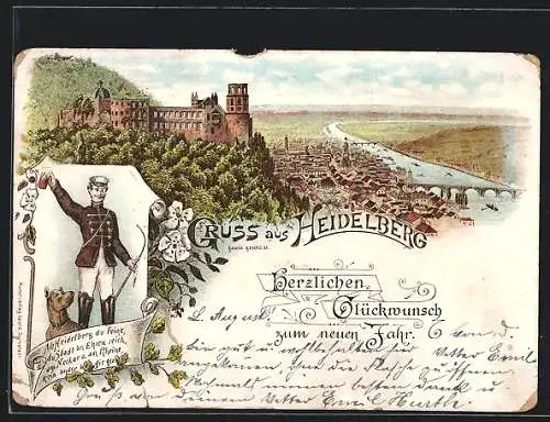 Vorläufer-Lithographie Heidelberg, 1895, Teilansicht mit Burg, Student mit Bierkrug, Neujahrsgruss