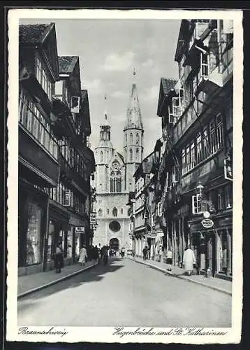 AK Braunschweig, Hagenbrücke mit Geschäften und St. Katharinen-Kirche