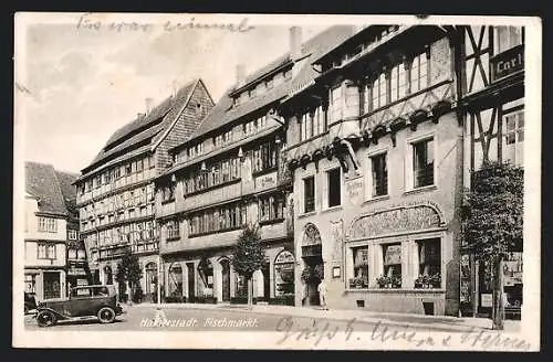 AK Halberstadt, Fischmarkt mit Geschäften und Gotischem Haus