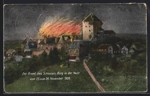 Künstler-AK Solingen, Der Brand des Schlosses Burg 1920