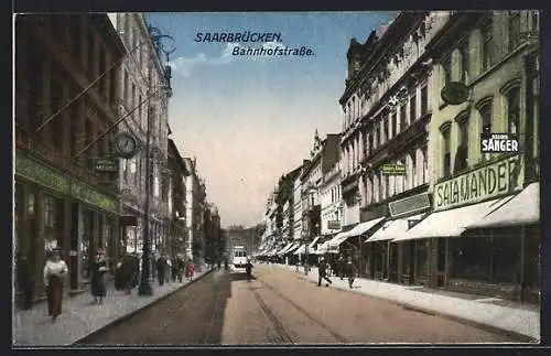 AK Saarbrücken, Bahnhofstrasse mit der Strassenbahn