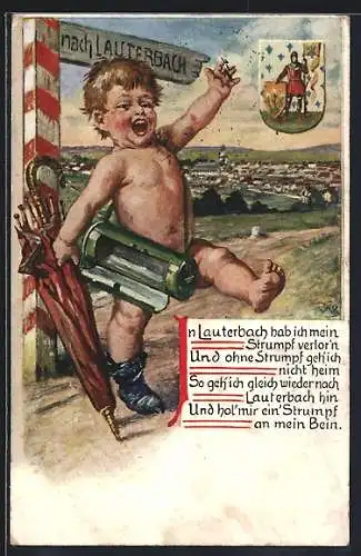 Künstler-AK Lauterbach / Hessen, Weitblick in den Ort, Junge mit Regenschirm, Wappen und Spruch