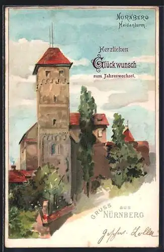 Lithographie Nürnberg, Gruss mit dem Heidenturm