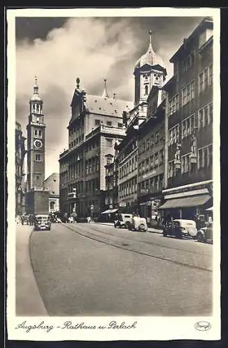 AK Augsburg, Rathaus und Perlach, Strassenpartie