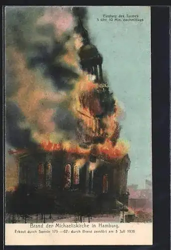 AK Hamburg-Neustadt, Brand der Michaeliskirche 1906 mit Einsturz des Turmes