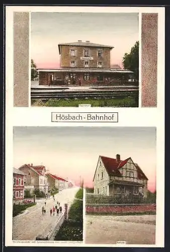 AK Hösbach-Bahnhof, Strassenpartie mit Geschäftshaus von Josef Steigerwald, Bahnhof, Schule