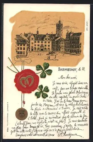 Präge-Lithographie Darmstadt, Marktplatz mit Brunnen, Siegel mit Glücksbringern