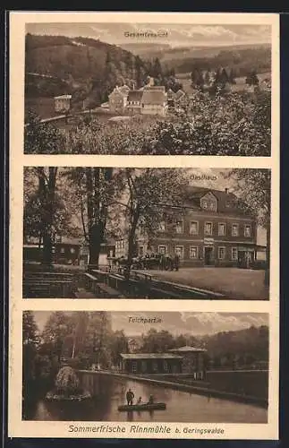 AK Erlbach /Geringswalde, Gasthaus Rinnmühle mit Garten, Teichpartie, Gesamtansicht von oben