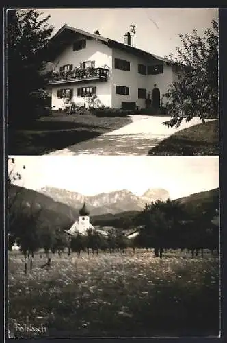 AK Bad Feilenbach, Haus mit Einfahrt, Kirche mit Bergpanorama