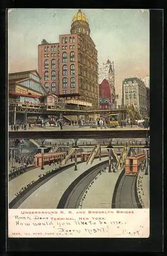 AK New York, Underground R.R. and Brooklyn Bridge Terminal, U-Bahn, Strassenbahn