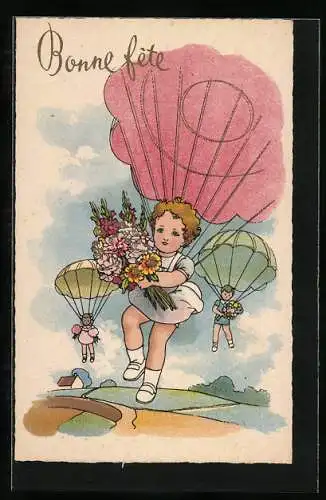 Künstler-AK Kinder als Fallschirmspringer mit Blumen