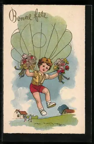 Künstler-AK Bonne Fêté!, Junge springt mit Fallschirm ab