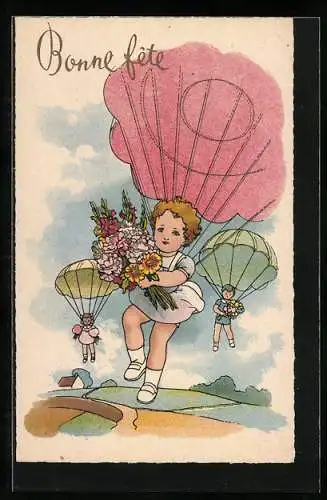 Künstler-AK Kinder als Fallschirmspringer mit Blumen