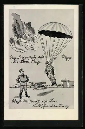 Künstler-AK Fallschirmjäger bei kunstvoller Landung