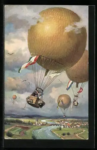 AK Fliegende Ballons über einem Ort mit Nationalfahnen